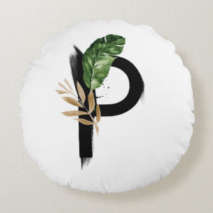 Boho Letter P Monogram Palm Blätter Tropical Rundes Kissen