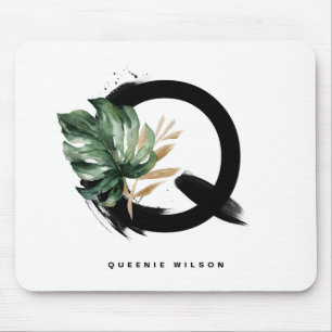 Boho Letter Q Monogram Tropical Monstera Leaf Mousepad