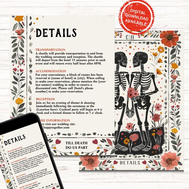 Boho Letterpress-Stil Skelett-Tarot Details Einladung (Von Creator hochgeladen)