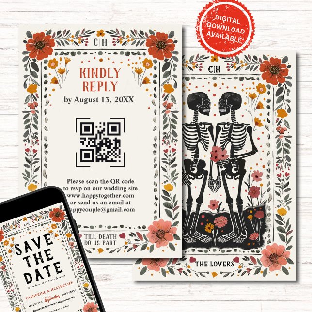 Boho Letterpress-Stil Skelett-Tarot-Hochzeits-RSVP Einladung (Von Creator hochgeladen)