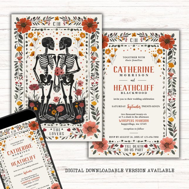 Boho Letterpress Style Skeleton Tarot Wedding Einladung (Von Creator hochgeladen)
