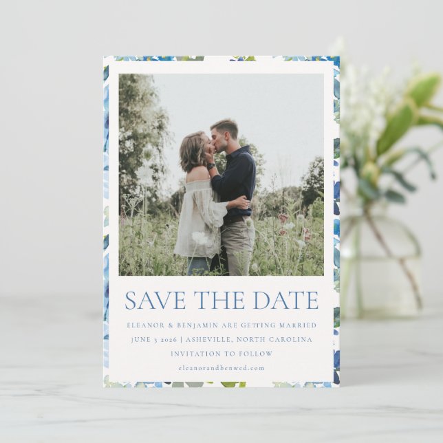 Boho Light Blue Watercolor Foto Hochzeit Save The Date (Stehend Vorderseite)