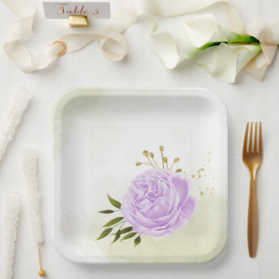 Boho lila Blumen grüne Blätter botanisch Pappteller