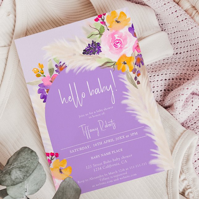 Boho lila Blumenärgerin Hallo Babydusche Einladung (Von Creator hochgeladen)