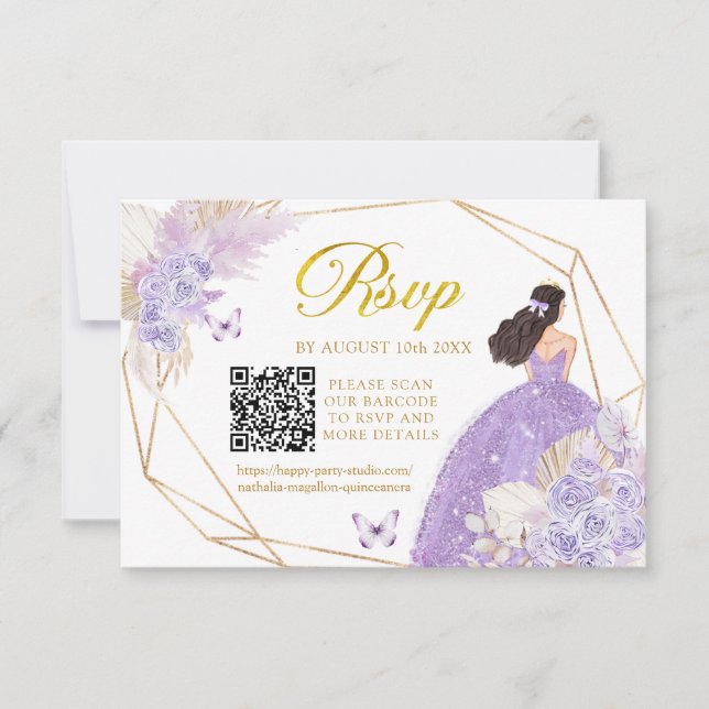 Boho Lila Butterfly Girl Quinceañera QR RSVP Karte (Vorderseite)