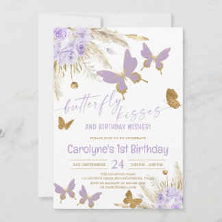 Boho Lila Butterfly Kisses und Birthday Wünsche Einladung