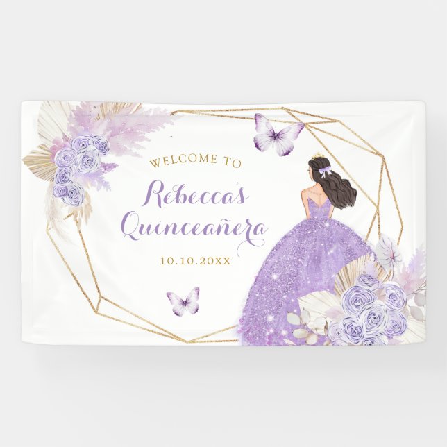 Boho Lila Butterfly Princess Quinceañera Large Banner (Horizontal)