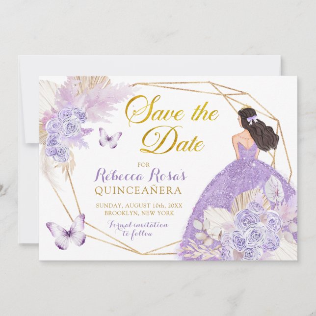 Boho Lila Butterfly Quinceañera Save the Date Einladung (Vorderseite)