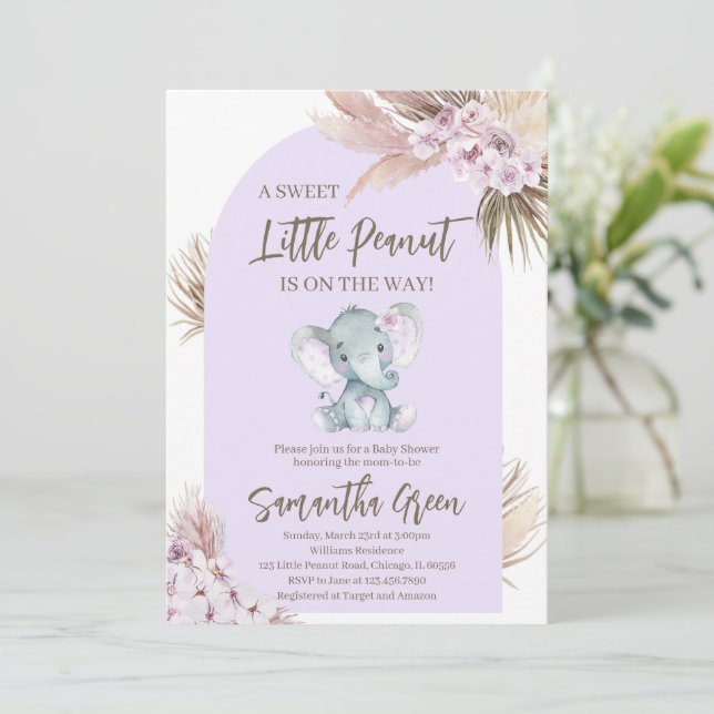 Boho Lila Elephant Baby Shower Einladung (Stehend Vorderseite)