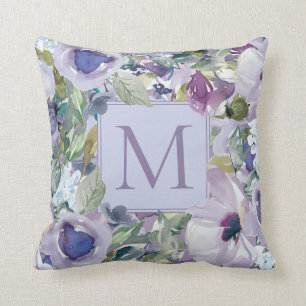 Boho Lila Fahlblau Aquarell Blumen Monogramm Kissen