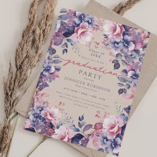 Boho Lila Floral Graduation Party Champagne Einladung