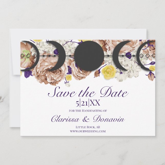 Boho Lila Floral Moon Phase Wiccan Handfasten Save The Date (Vorderseite)