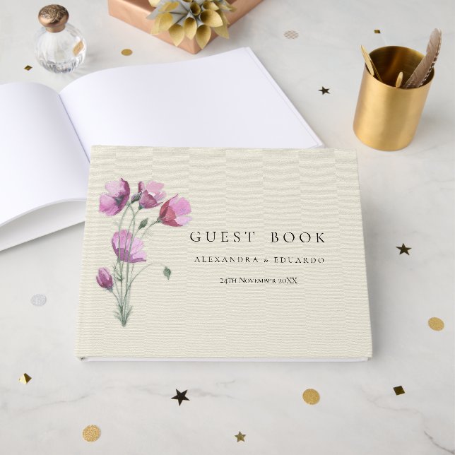 Boho Lila Floral und Beige Wedding Gästebuch (Vorderseite Offen)