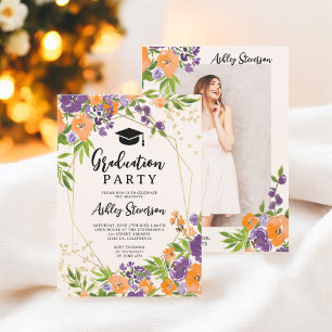 Boho Lila Floral Watercolor Abschluss Foto Einladung