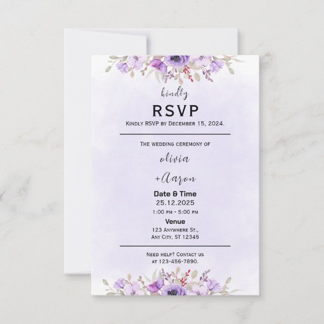 Boho Lila Floral Wedding RSVP Cards Karte (Vorderseite)