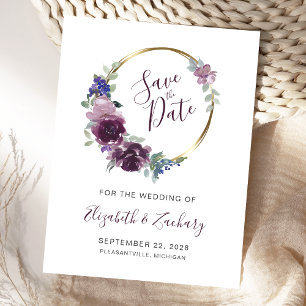 Boho Lila Floral Wreath Blank Save the Date Postkarte