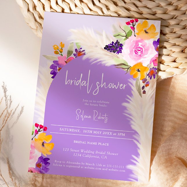 Boho lila florale Pampas Wüste Brautparty Einladung (Boho purple floral pampas desert Bridal shower Invitation)