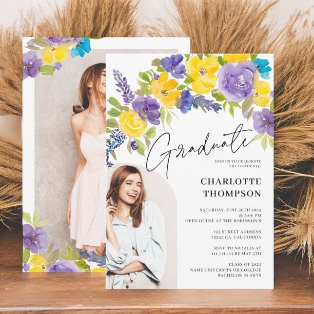Boho lila gelbe Foto Abschluss Einladung (Boho purple yellow floral photo graduation invitation)