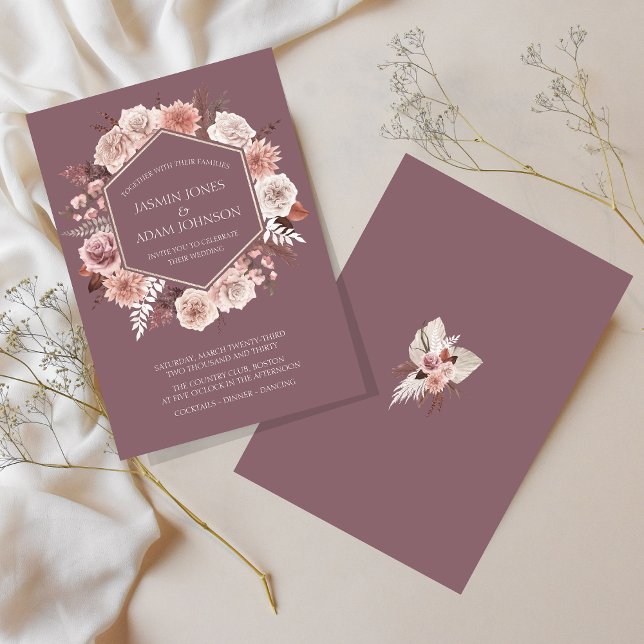 Boho Lila getrocknete Blume Wreath Wedding Einladung (Boho Purple Dried Flowers Wreath Wedding Invitation)