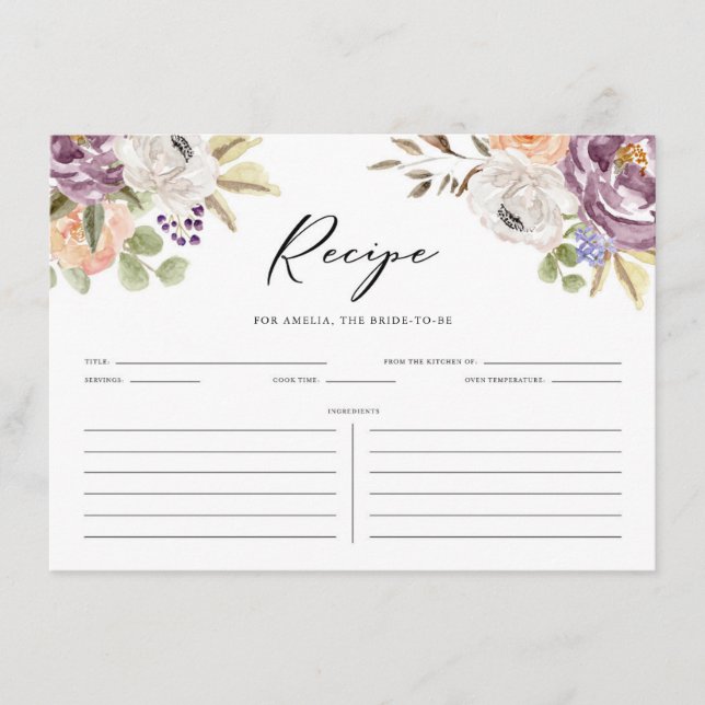 Boho Lila Herbst Blume Brautparty Rezept Begleitkarte (Vorderseite)