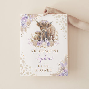 Boho Lila Highland Cow Baby Girl Dusche Willkommen Poster