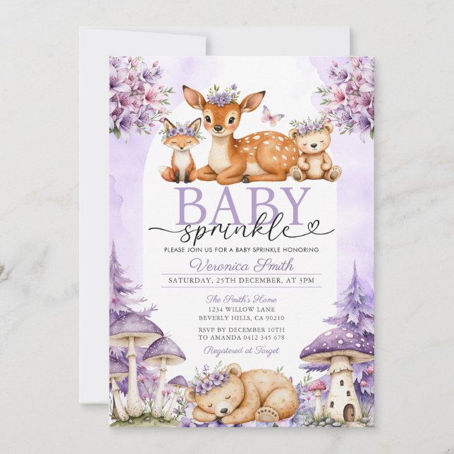 Boho Lila Hirsch Waldmädchen Baby Sprinkle Einladung (Vorderseite)