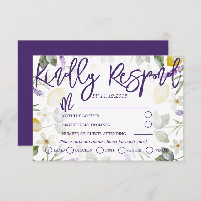 Boho Lila Lavender & Lemons Wedding RSVP (Vorne/Hinten)