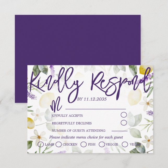 Boho Lila Lavender & Lemons Wedding RSVP Karte (Vorne/Hinten)