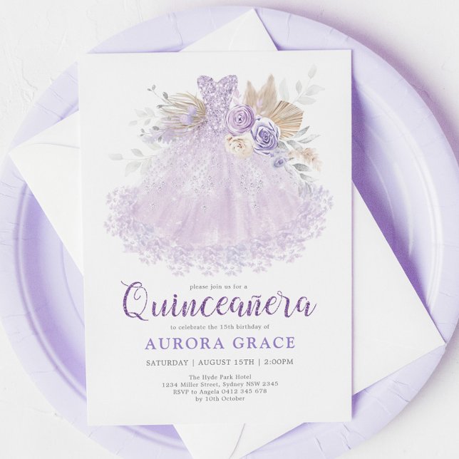 Boho Lila Lilac Quinceañera Princess Dress Einladung (Von Creator hochgeladen)