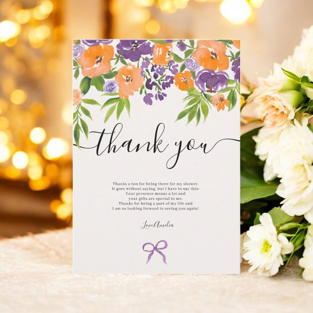 Boho Lila Orange Floral Watercolor Brautparty Dankeskarte (Boho Purple Orange Floral Watercolor Bridal Shower Thank You Card)