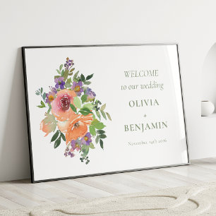 Boho Lila Orange Floral Wedding Welcome Poster