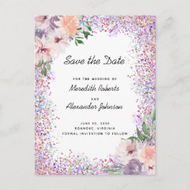 Boho Lila Peach Floral Glitzer Save the Date Ann Ankündigungspostkarte