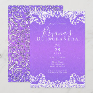Boho Lila Pink White Lace 15. Quinceañera Party Einladung