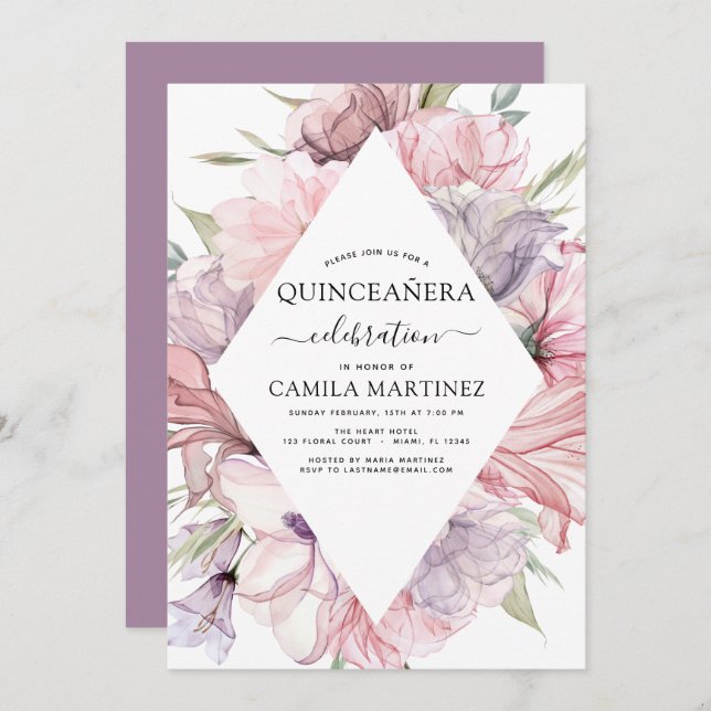 Boho Lila Quinceañera Dusty Pink Floral Invitati Einladung (Vorne/Hinten)