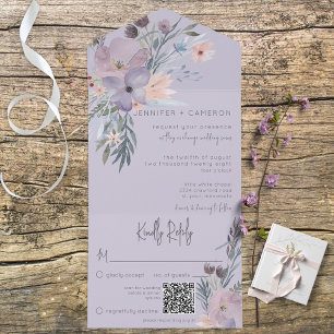 Boho Lila Rosa & Blau Blumen Lavendel QR Code All In One Einladung