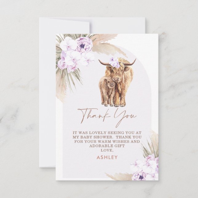 Boho Lilac Floral Arch Highland Cow Baby Shower Dankeskarte (Vorderseite)