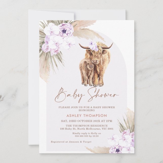 Boho Lilac Floral Arch Highland Cow Baby Shower Einladung (Vorderseite)
