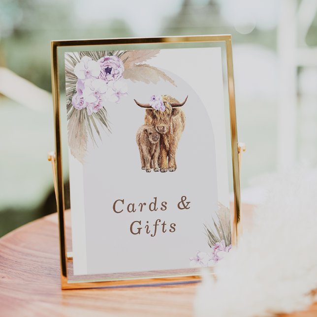Boho Lilac Floral Highland Cow Baby Shooting Sign Fotodruck (Boho Lilac Holy Cow Baby Shower Sign, Gender Neutral Highland Cow Baby Shower Sign, Lilac Floral)