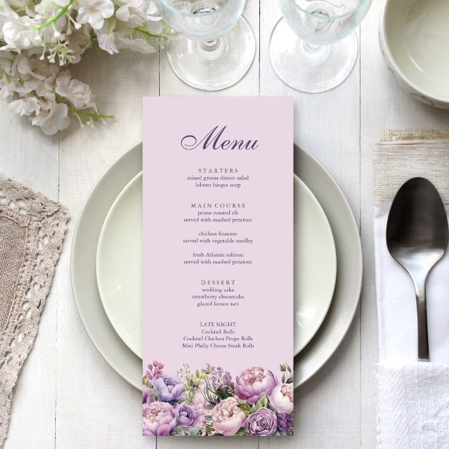 Boho Lilac Floral Wedding Menu Menükarte (Boho Lilac Floral Wedding Menu on white and silver wedding table.)
