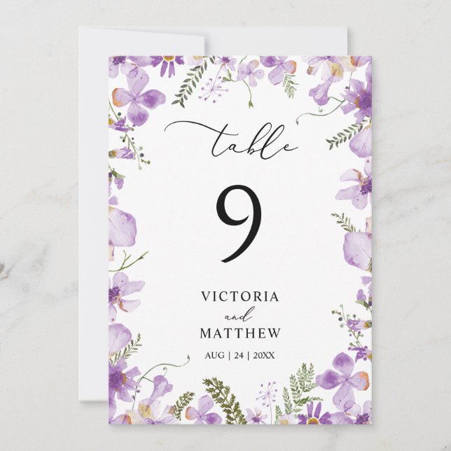 Boho Lilac Floral Wedding Tischnummer (Vorderseite)