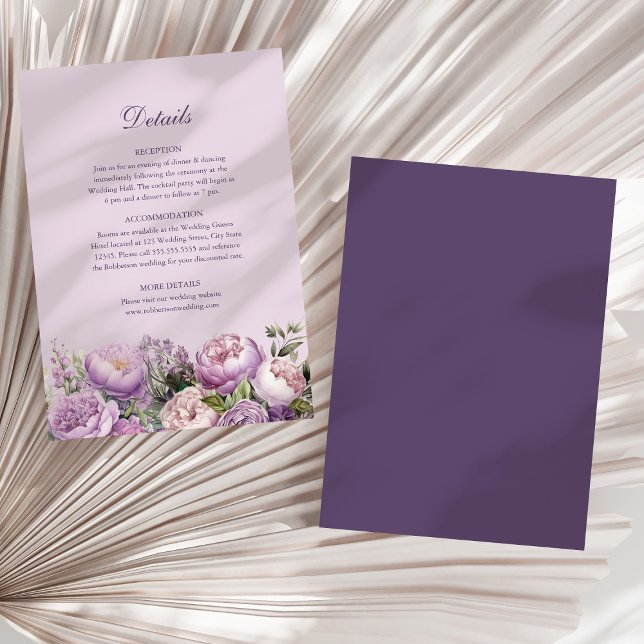 Boho Lilac Peonies Wedding Details Card Einladung (Boho Lilac Peonies Wedding Details Card on a boho dry palm leaf.)