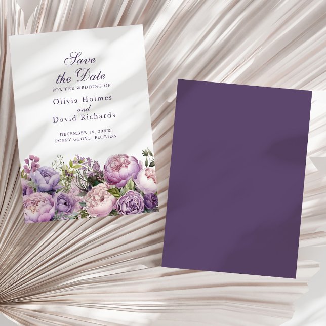 Boho Lilac und Lila Peonies Save the Date Card (Boho Lilac and Purple Peonies Save the Date Card on a neutral dry palm leaf.)