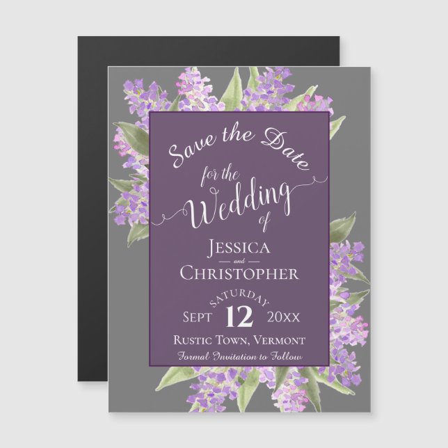 Boho Lilacs Calligraphy Gray Wedding Save the Date Magneteinladung (Vorne/Hinten)