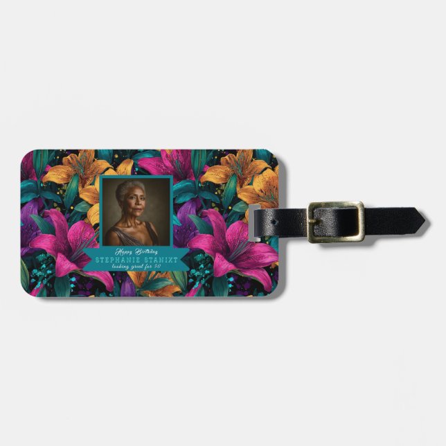 Boho Lilien Blumen Luxus Geburtstagsfeier  Gepäckanhänger (Vorderseite horizontal)