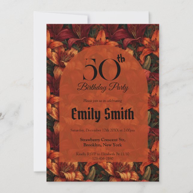 Boho Lilies Luxury Milestone Birthday Einladung (Vorderseite)