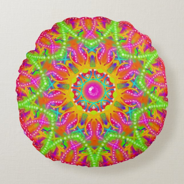Boho Lime Green Star Mandala Rundes Kissen (Vorderseite)
