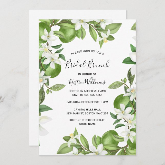 Boho Limes Watercolor White Floral Bridal Brunch Einladung (Vorne/Hinten)