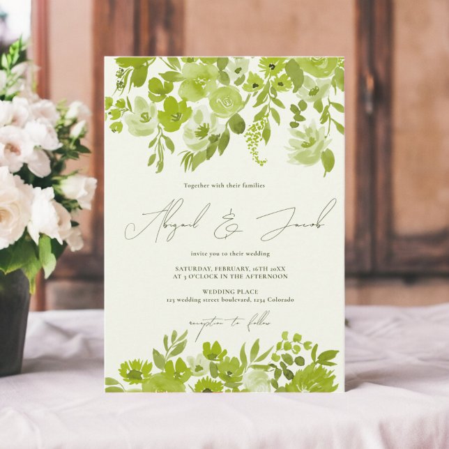 Boho Limone grüne handgemalte Blumenhochzeit Einladung (Boho lime green hand painted floral wedding invitation)