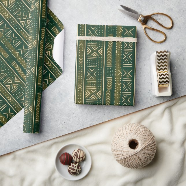 Boho Linear Mudcloth | Waldmoos Geschenkpapier (Kunsthandwerk)