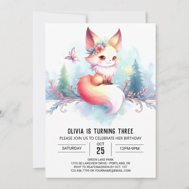 Boho Little Fox Birthday digital Einladung (Vorderseite)